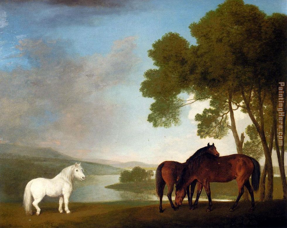 Two Bay Mares And A Grey Pony In A Landscape painting - George Stubbs Two Bay Mares And A Grey Pony In A Landscape art painting